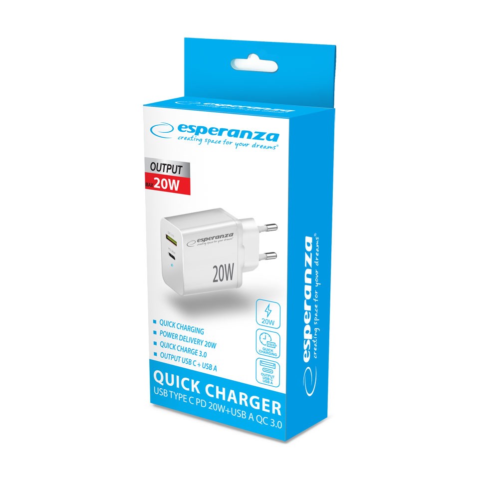 CARICABATTERIE PER SMARTPHONE ESPERANZA EZC105W 20W 1XUSB TYPE A E 1XUSB TYPE C